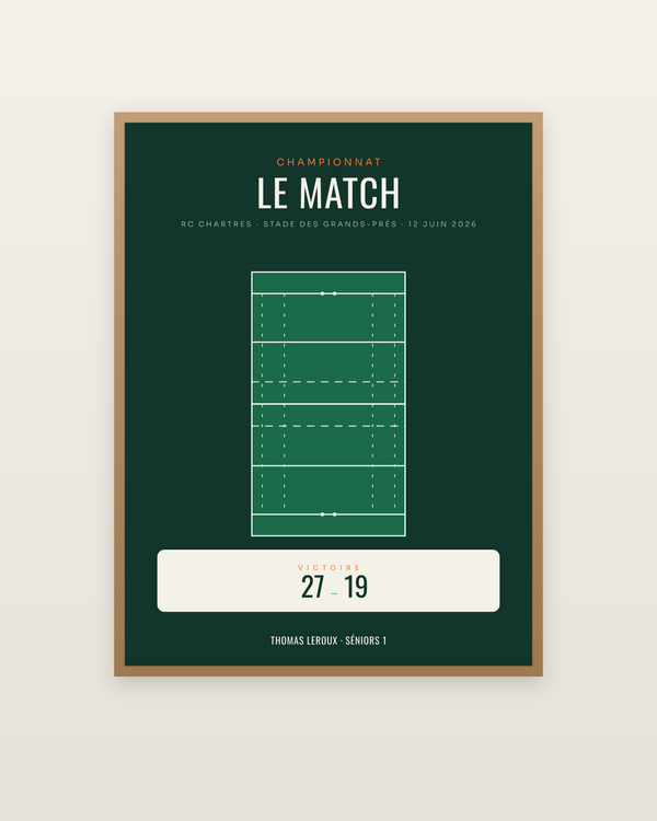 Affiche Match de rugby personnalisée, encadrée dans un cadre bois naturel