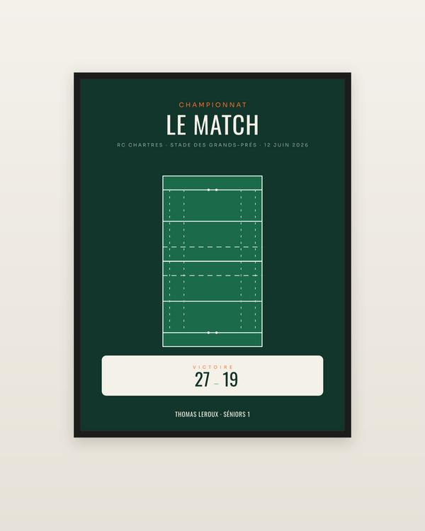 Affiche Match de rugby personnalisée, encadrée dans un cadre noir