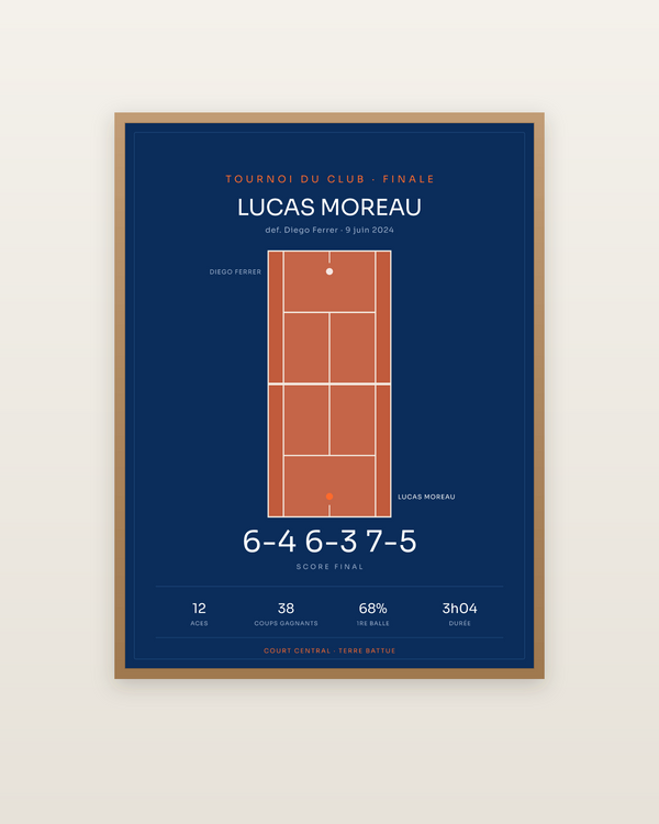 Affiche de match de tennis, encadrée dans un cadre bois naturel