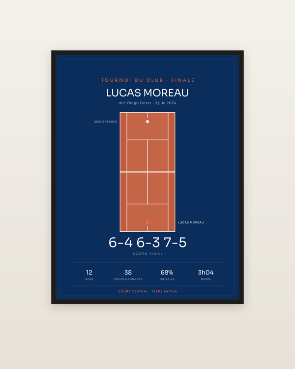 Affiche de match de tennis, encadrée dans un cadre noir