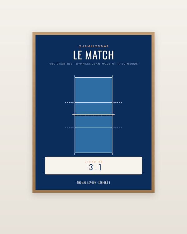 Affiche Match de volley personnalisée, encadrée dans un cadre bois naturel