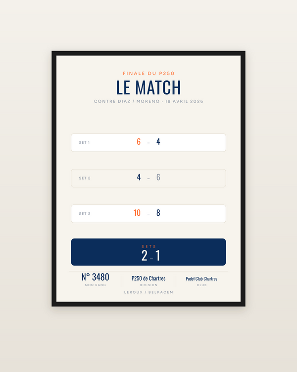 Affiche Match de padel personnalisée, encadrée dans un cadre noir