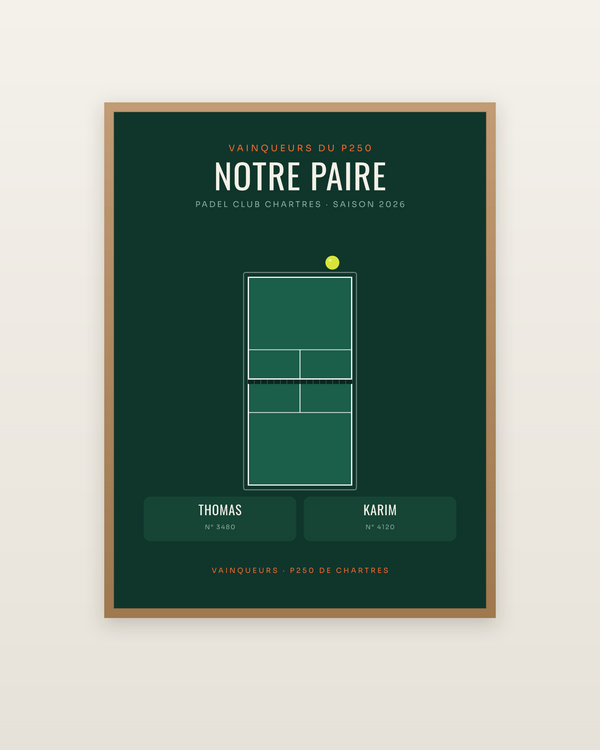Affiche Paire de padel personnalisée, encadrée dans un cadre bois naturel