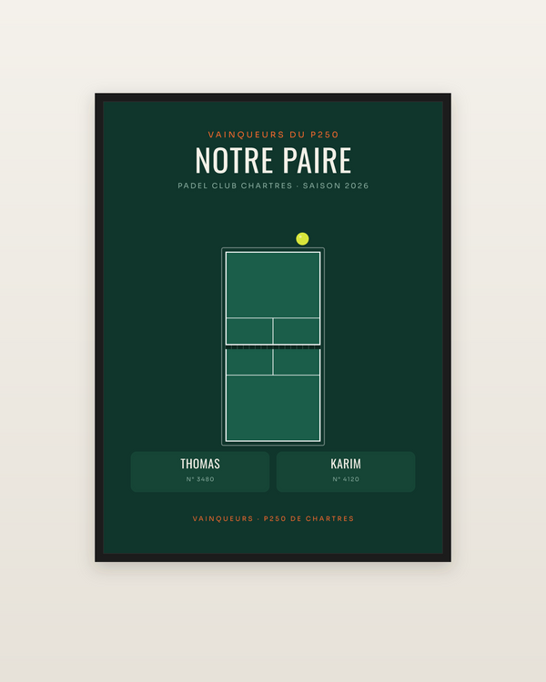 Affiche Paire de padel personnalisée, encadrée dans un cadre noir
