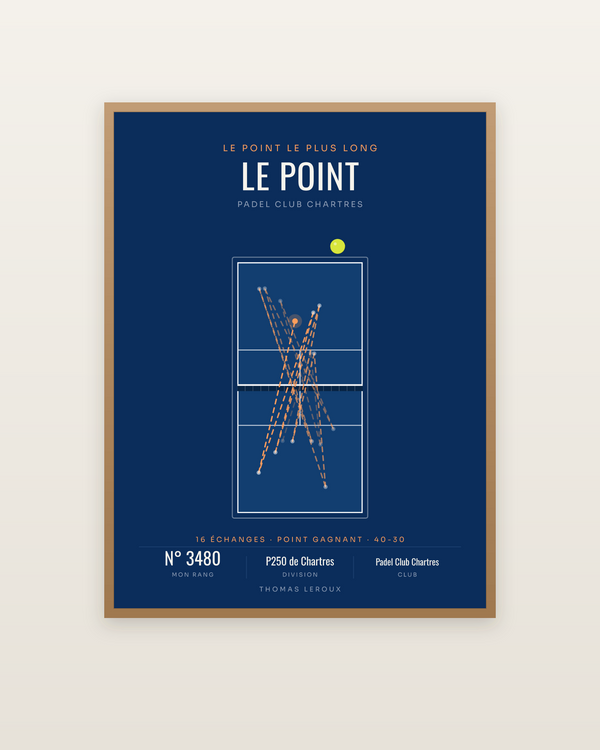 Affiche Point de padel personnalisée, encadrée dans un cadre bois naturel