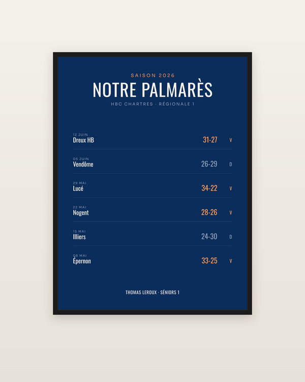 Affiche Palmarès de handball personnalisée, encadrée dans un cadre noir