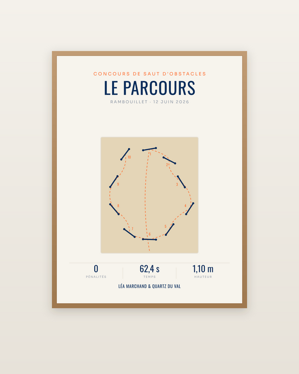Affiche Parcours de CSO personnalisée, encadrée dans un cadre bois naturel