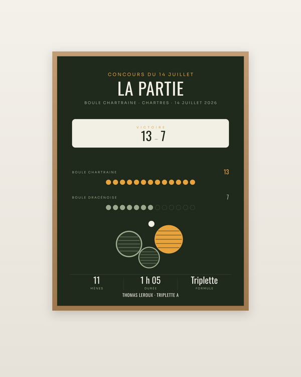 Affiche Partie de pétanque personnalisée, encadrée dans un cadre bois naturel