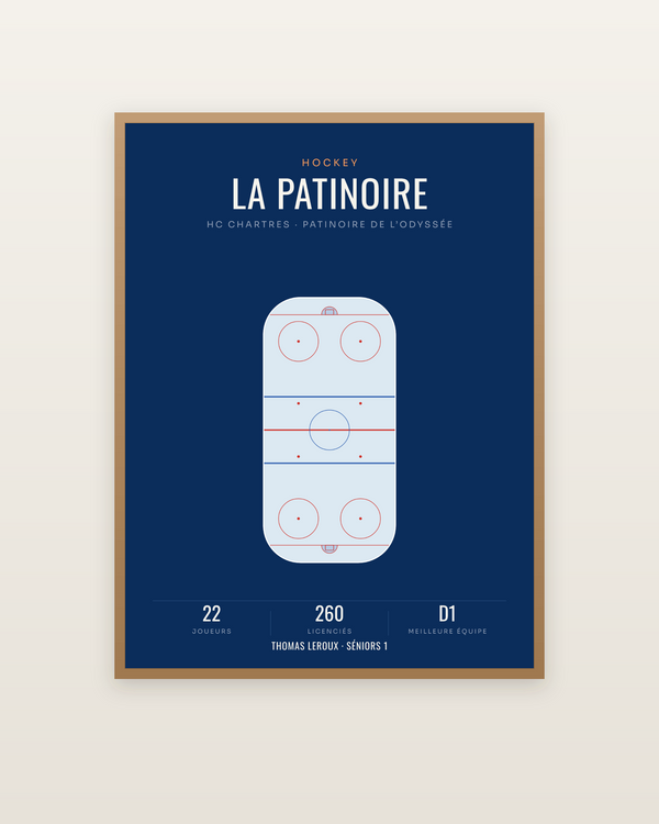 Affiche patinoire de hockey aux cotes IIHF, encadrée dans un cadre bois naturel