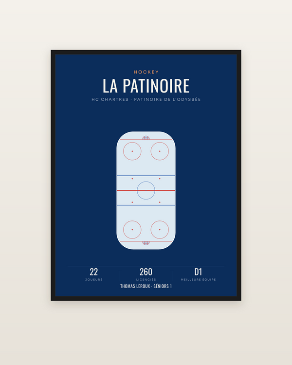 Affiche patinoire de hockey aux cotes IIHF, encadrée dans un cadre noir