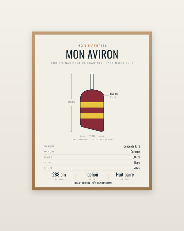 Affiche Ma pelle d’aviron aux couleurs du club, encadrée dans un cadre bois naturel