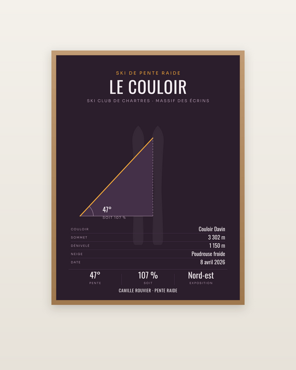 La pente raide | affiche ski de couloir personnalisée, encadrée dans un cadre bois naturel