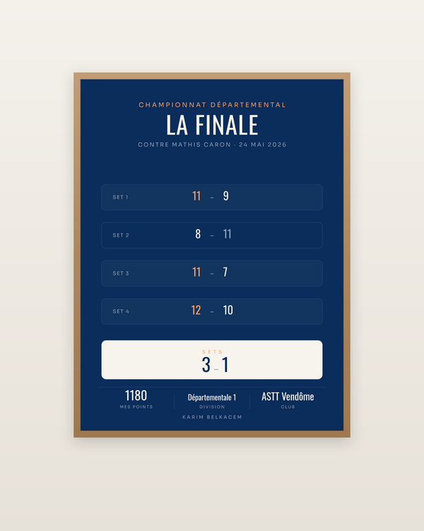 Affiche Finale de ping-pong personnalisée, encadrée dans un cadre bois naturel