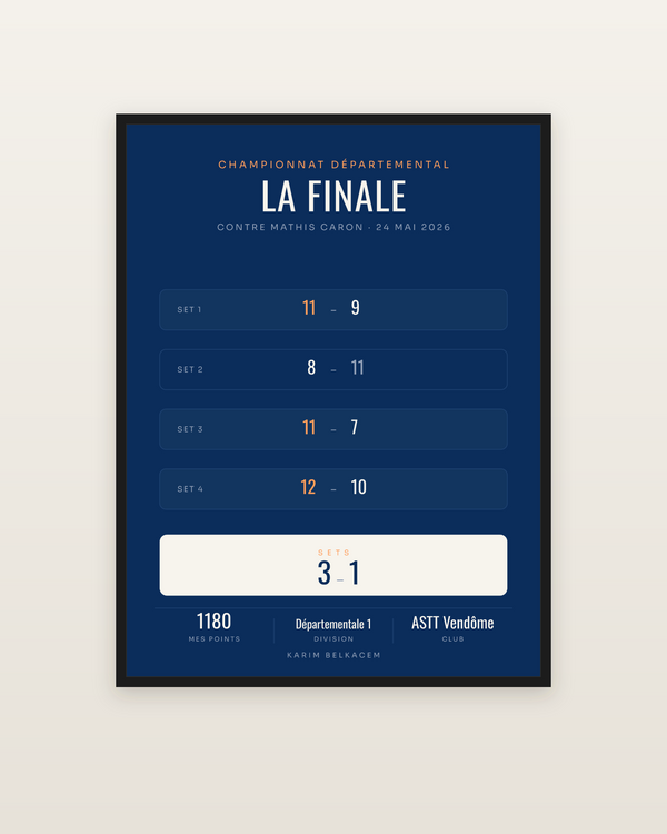Affiche Finale de ping-pong personnalisée, encadrée dans un cadre noir