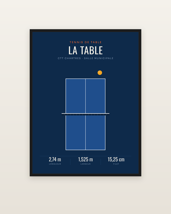 Affiche Table de ping-pong | poster tennis de table, encadrée dans un cadre noir