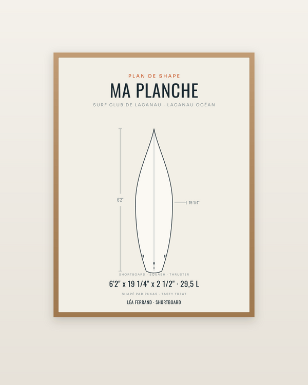 Affiche plan de shape : votre planche de surf en dessin technique, encadrée dans un cadre bois naturel