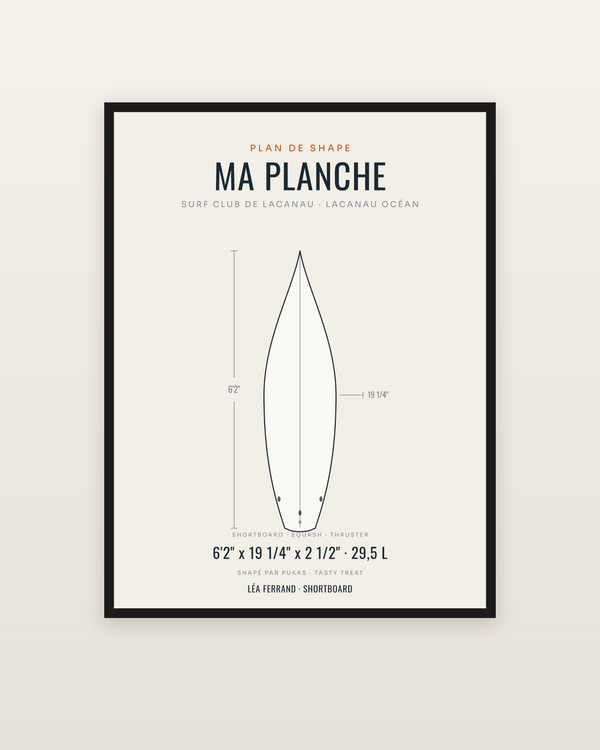 Affiche plan de shape : votre planche de surf en dessin technique, encadrée dans un cadre noir