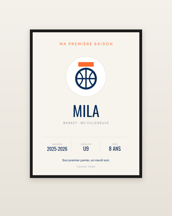 Affiche Ma première saison | Basket, encadrée dans un cadre noir
