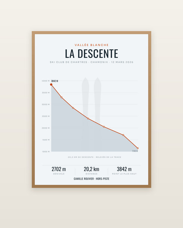 Le profil de descente | affiche ski personnalisée, encadrée dans un cadre bois naturel