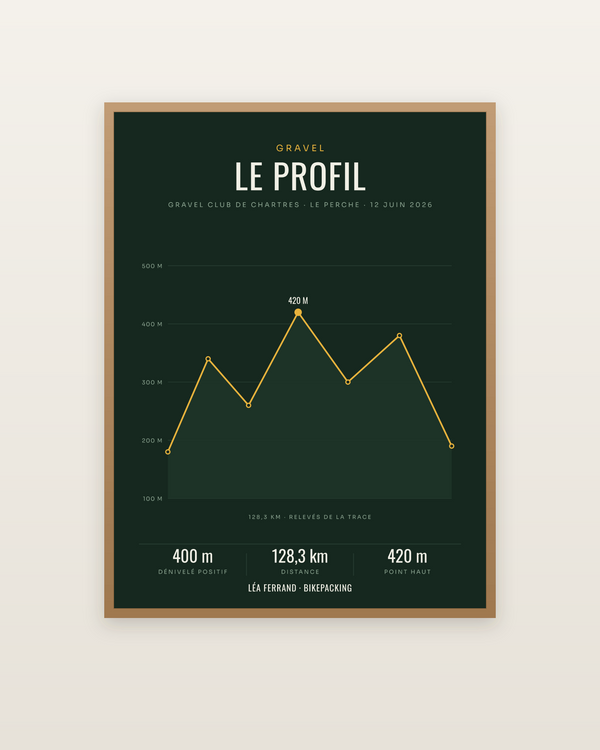 Affiche Profil de sortie gravel personnalisée, encadrée dans un cadre bois naturel