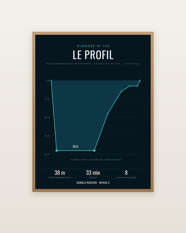 Affiche Profil de plongée personnalisée, encadrée dans un cadre bois naturel