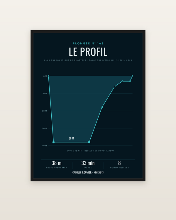 Affiche Profil de plongée personnalisée, encadrée dans un cadre noir