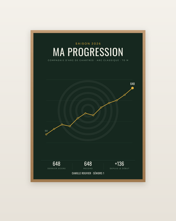 Affiche Progression au tir à l’arc personnalisée, encadrée dans un cadre bois naturel
