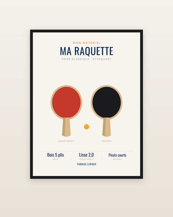 Affiche Raquette de tennis de table personnalisée, encadrée dans un cadre noir