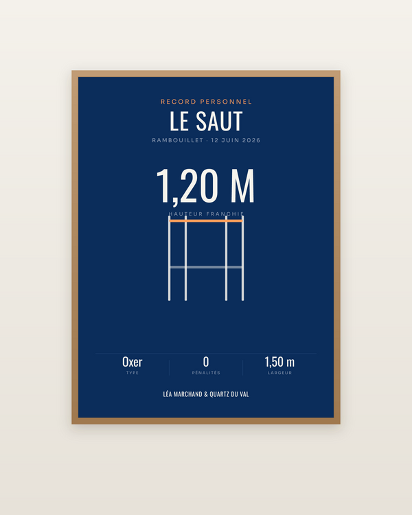 Affiche Record de saut à cheval personnalisée, encadrée dans un cadre bois naturel
