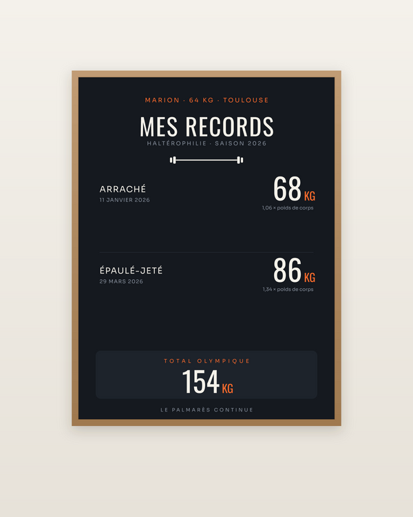 Affiche Mes Records | Haltérophilie, encadrée dans un cadre bois naturel