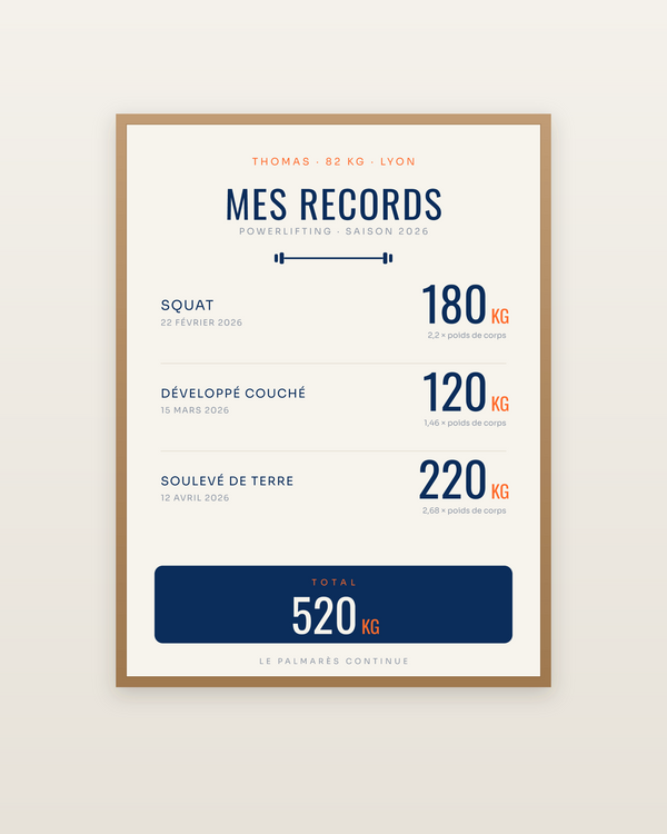 Affiche Mes Records | Powerlifting, encadrée dans un cadre bois naturel