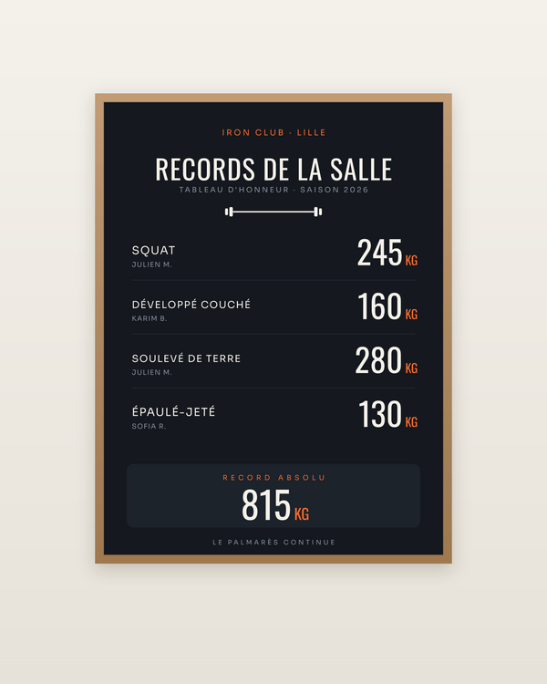 Affiche Records de la salle | Club & box, encadrée dans un cadre bois naturel