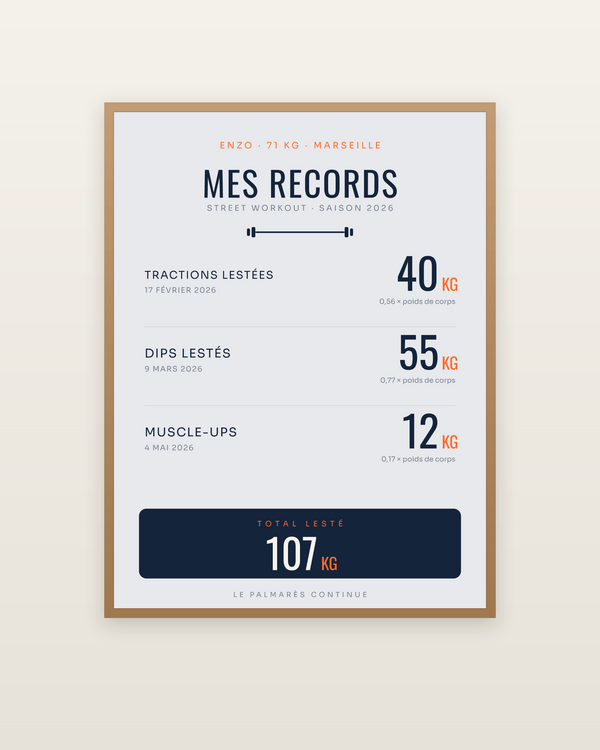 Affiche Mes Records | Street workout, encadrée dans un cadre bois naturel