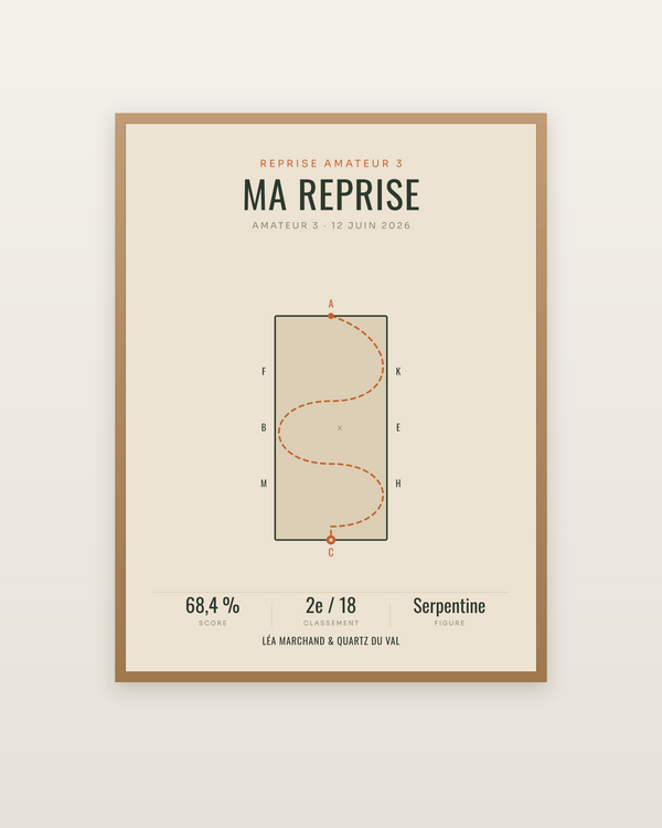 Affiche Reprise de dressage personnalisée, encadrée dans un cadre bois naturel