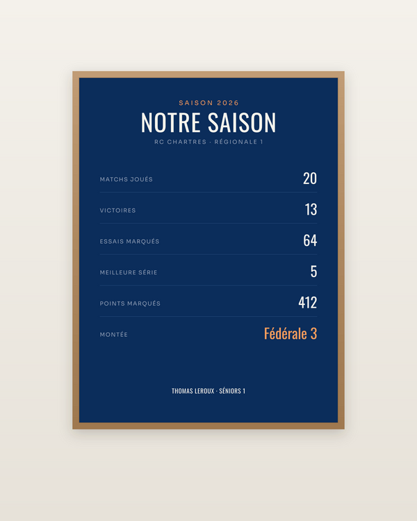 Affiche Saison de rugby personnalisée, encadrée dans un cadre bois naturel