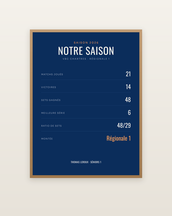 Affiche Saison de volley personnalisée, encadrée dans un cadre bois naturel
