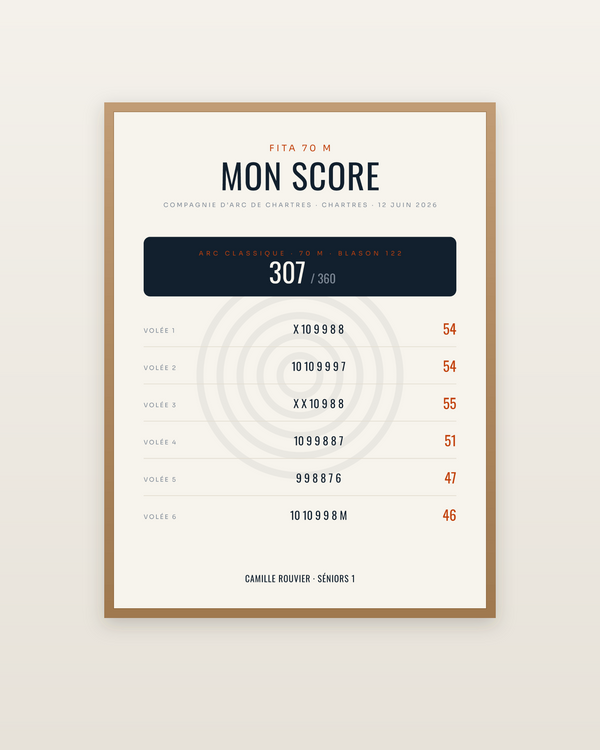 Affiche Score de tir à l’arc personnalisée, encadrée dans un cadre bois naturel
