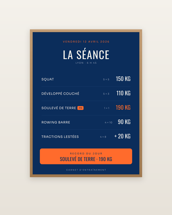 Affiche La Séance | Musculation, encadrée dans un cadre bois naturel