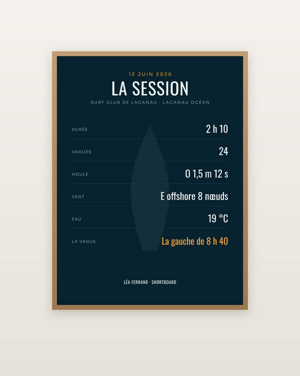 Affiche carnet de session de surf à personnaliser, encadrée dans un cadre bois naturel