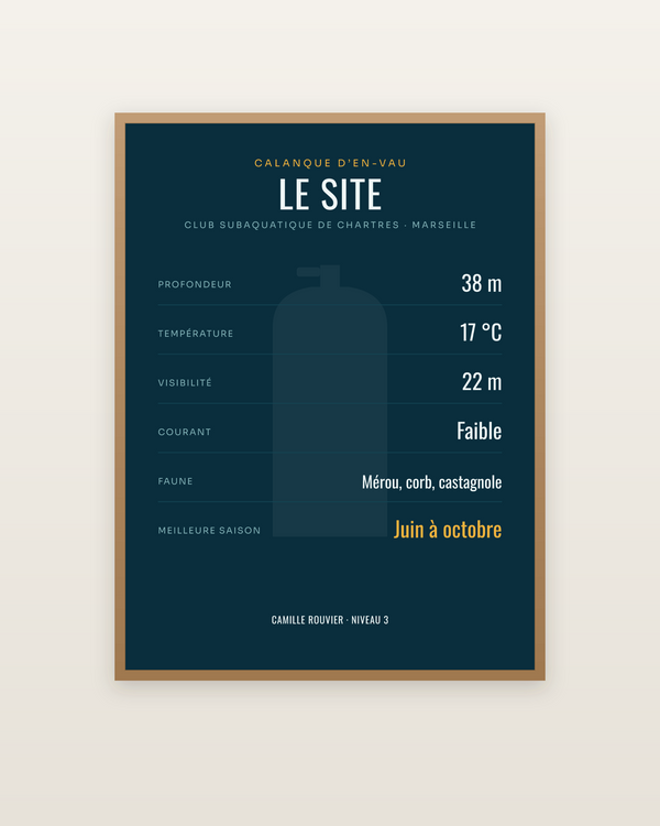 Affiche Site de plongée personnalisée, encadrée dans un cadre bois naturel