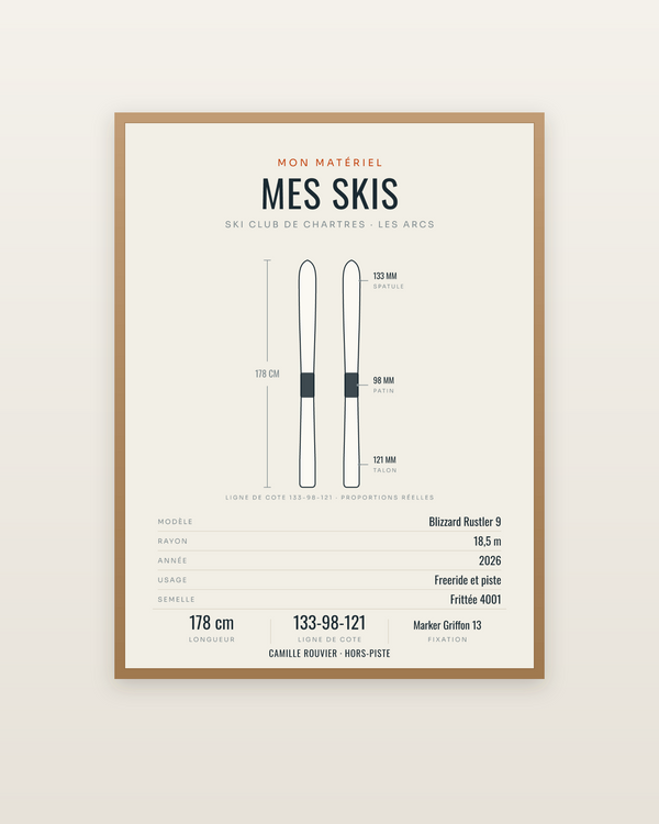 Affiche Mes skis | le plan coté de votre paire, encadrée dans un cadre bois naturel