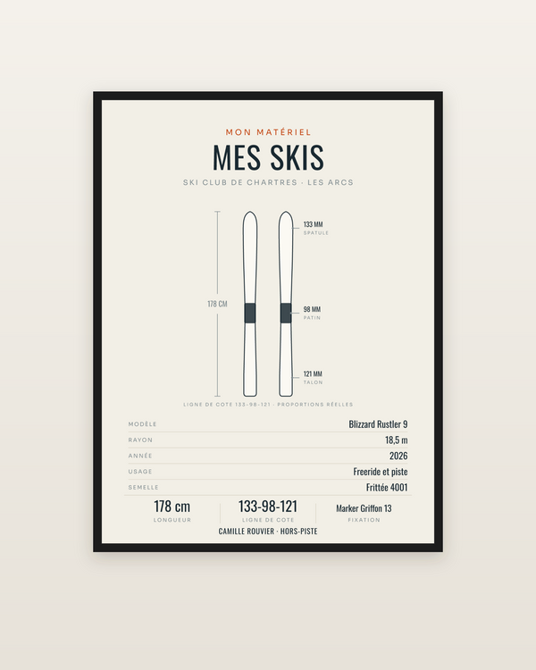 Affiche Mes skis | le plan coté de votre paire, encadrée dans un cadre noir