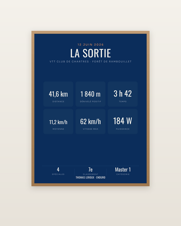 Affiche Sortie VTT personnalisée, encadrée dans un cadre bois naturel