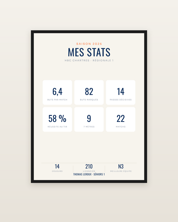 Affiche Statistiques de handball personnalisée, encadrée dans un cadre noir