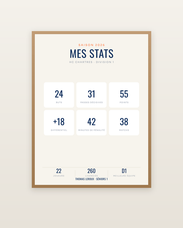 Affiche statistiques de hockey personnalisées, encadrée dans un cadre bois naturel