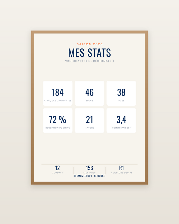 Affiche Statistiques de volley personnalisée, encadrée dans un cadre bois naturel