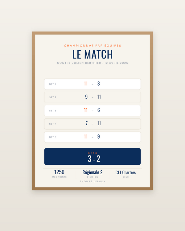 Affiche Match de tennis de table personnalisée, encadrée dans un cadre bois naturel