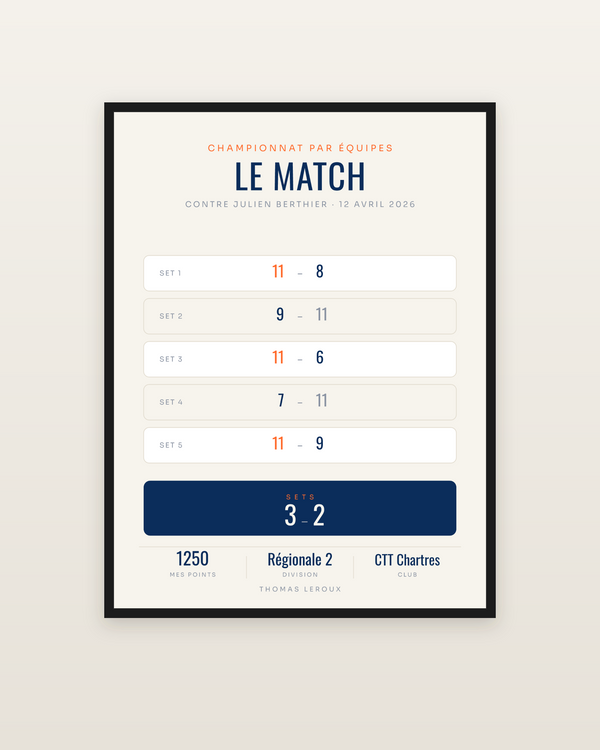 Affiche Match de tennis de table personnalisée, encadrée dans un cadre noir