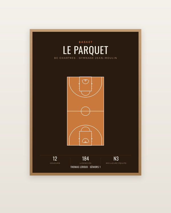 Affiche Terrain de basket | poster parquet, encadrée dans un cadre bois naturel