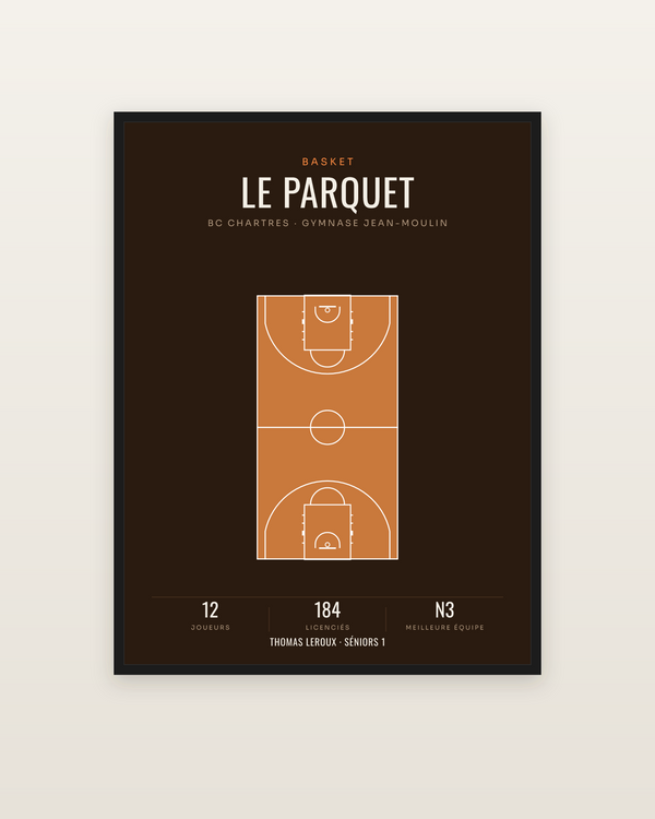 Affiche Terrain de basket | poster parquet, encadrée dans un cadre noir